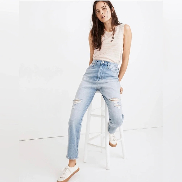 Madewell Denim - Madewell The Mom Jean Size 27 Blue Denim Distressed High Rise Comfy Stylish